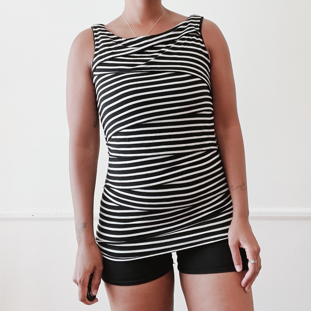 vince camuto black and white striped layered tank top